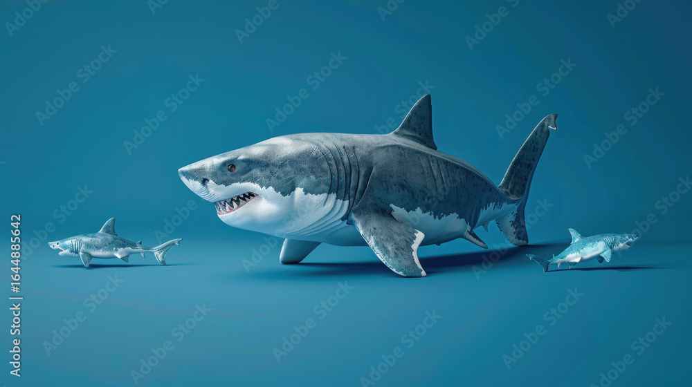 Fototapeta premium A large realistic toy shark swimming with smaller toy fish against a bright blue background