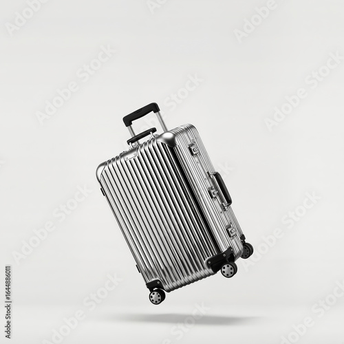 Silver aluminum suitcase levitates on white.
