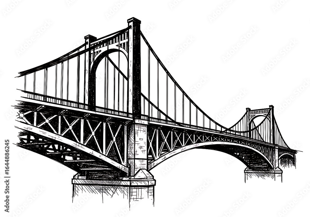 Fototapeta premium Dramatic Black and White Sketch of a Suspension Bridge, Architectural Design, Urban Infrastructure, Engineering Illustration.