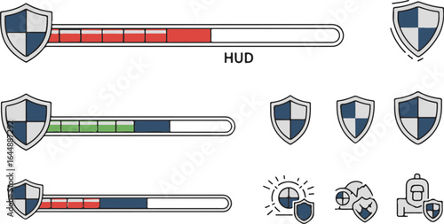 Gaming HUD elements vector illustration. Shield icon with red, green, and blue health bars.