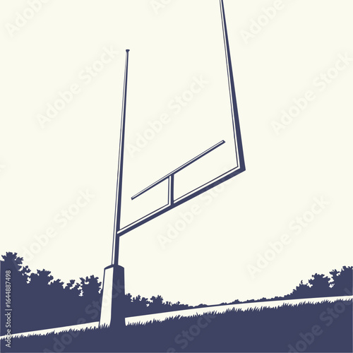 A stylized illustration of a football goalpost standing on a field with trees in the background.