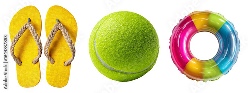 Bright Summer Vacation Essentials: Flip Flops, Tennis Ball, Pool Float