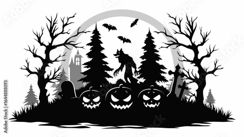 Halloween night scene with werewolf, pumpkins, bats, trees and graveyard in black and white style