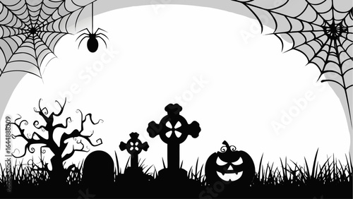 Silhouette halloween scene with spiderwebs, spider, tombstones, crosses, tree and pumpkin with grass