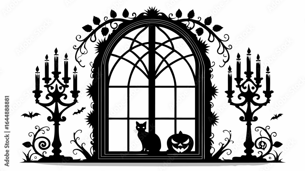 Fototapeta premium Silhouette of halloween window with cat pumpkin candles and bats in a spooky decorative scene design