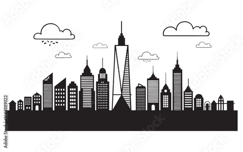Monochrome Skyline Silhouette with Clouds A Serene Metropolis Illustration Capturing Urban Architecture and Atmospheric Elements in a Minimalist Design
