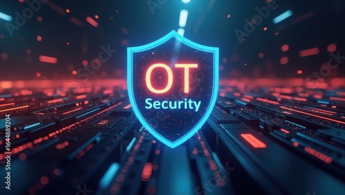 OT Security. Cybersecurity shield glowing blue red OT security concept