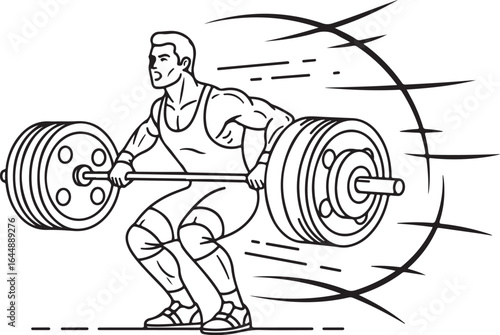 Weightlifter squatting with barbell, vector illustration.