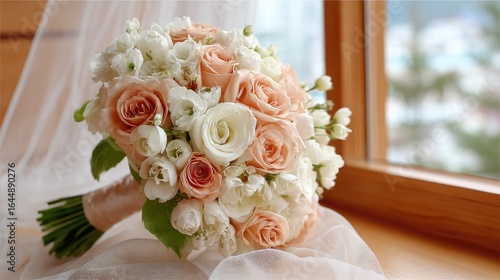 Peach and white rose bridal bouquet on sheer fabric near window