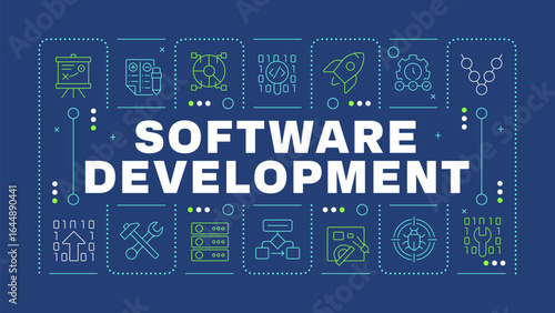 Software development blue word concept. Programming workflow, data organization. Bug analysis. Horizontal vector image. Headline text surrounded by editable outline icons. Hubot Sans font used