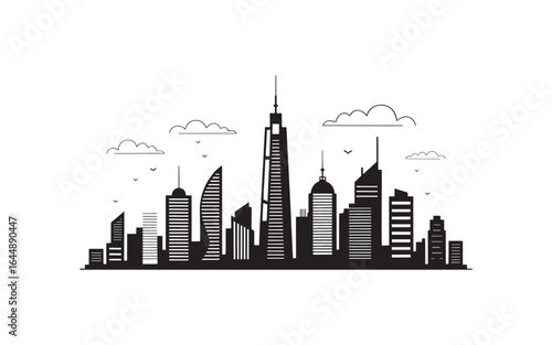 Monochrome Skyline Illustration with Clouds, Birds, and Varied Building Heights Depicting a Thriving Metropolis Against a Clean White Backdrop