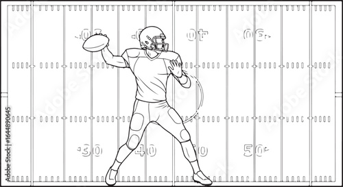 Football quarterback throwing ball on field, vector illustration in black and white