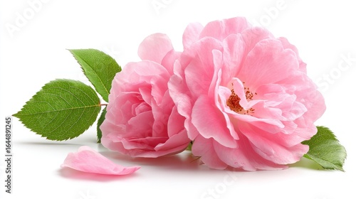 Two pink roses with green leaves and a fallen petal on white background