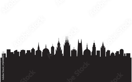 Silhouette of a City Skyline Against a White Backdrop Evoking Urban Landscape and Architectural Ensemble with Varied Building Heights