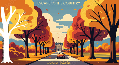 A Tree-Lined Driveway to a Country Estate in Autumn