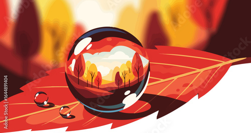 Autumn Reflection in a Water Droplet - Macro View