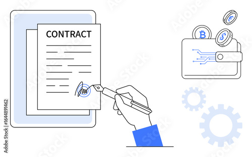 Hand signing contract with pen, digital wallet with coins, and gear symbols. Ideal for finance, cryptocurrency, business contracts, legal agreements, blockchain fintech innovation. A simple flat