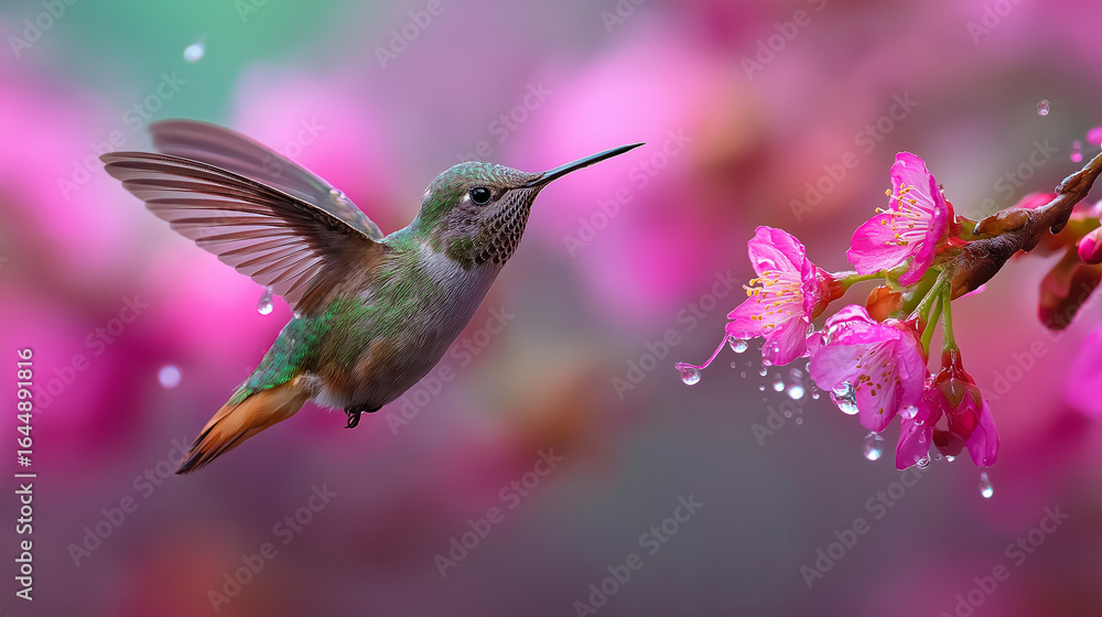 Fototapeta premium Vibrant hummingbird gracefully flying near blooming pink flowers