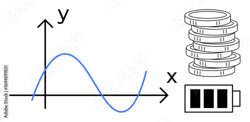Coordinate graph with sine wave, coin stack, and battery status icon. Ideal for finance, data analysis, energy, economics, growth investment power management. Simple flat metaphor