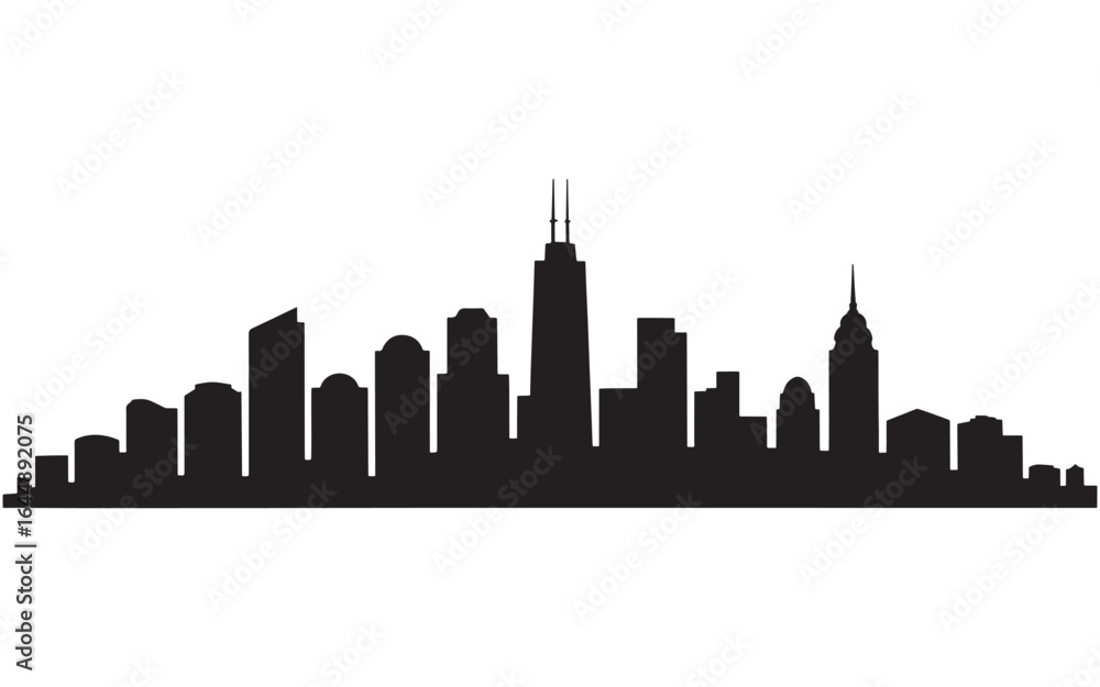 Fototapeta premium Monochromatic Silhouette of a Diverse Cityscape Featuring Prominent Skyscrapers and Architectural Diversity Against a White Background Inspiring Urban Exploration
