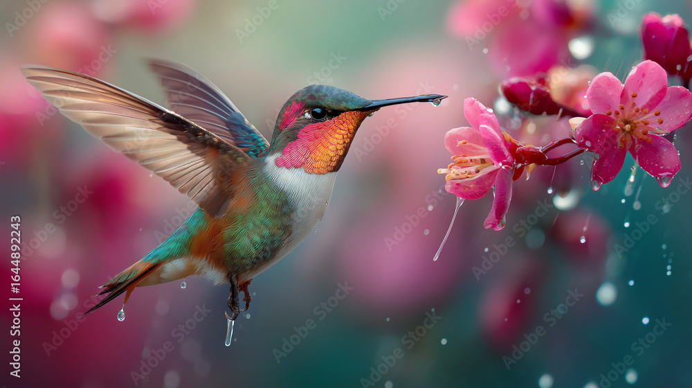 Obraz premium Vibrant hummingbird gracefully flying near blooming pink flowers