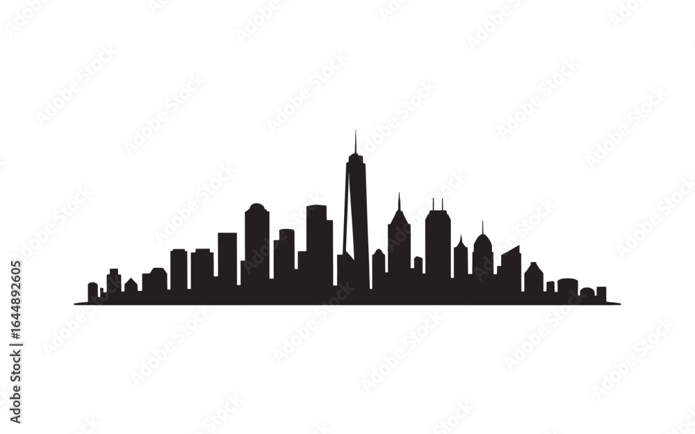 Fototapeta premium Monochrome Skyline Silhouette Cityscape Design Architectural Flat Design of City Buildings Minimalist Black and White Depiction Vector Illustration