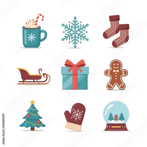 Festive winter Christmas icons set including cozy hot chocolate, snowflake, woolen socks, sleigh, present, gingerbread man, Christmas tree, mittens, and snow globe.