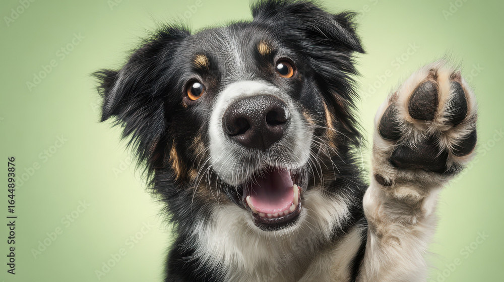 Obraz premium Happy Border Collie type dog smiling and doing a high five.