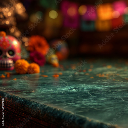Wallpaper Mural Day of the Dead Product Mockup Template – Marble Table Surface with Sugar Skulls, Marigolds, and Festive Bokeh Background for Branding, Packaging, or Design Showcase Torontodigital.ca