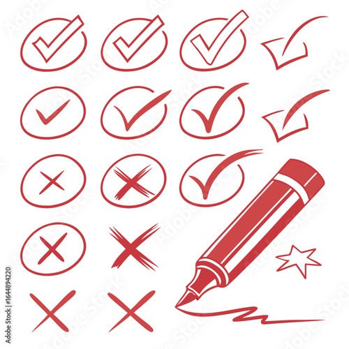 Variety of Red Check Marks, X Marks and a Marker, Representing Verification, Cancellation and Marking Tasks