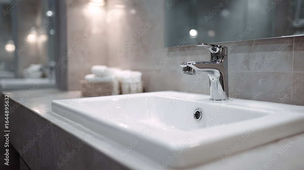 Fototapeta premium Minimalist bathroom sink with mirror and soft lighting
