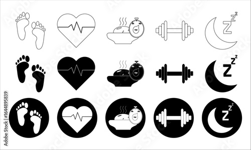 Set of editable medical tracking icons: activity, heart rate, calorie count, sleep, steps. Vector illustration.