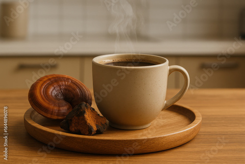 Functional mushroom coffee with reishi and chaga on wooden tray, steam rising from ceramic cup, warm earthy tones, cozy kitchen setting