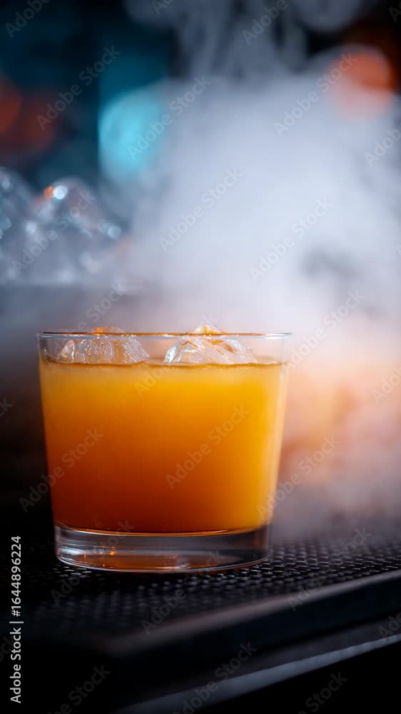 Bright orange cocktail garnished with ice on an upscale bar countertop during evening happy hour Bright orange cocktail garnished with ice on an upscale bar countertop during evening happy hour