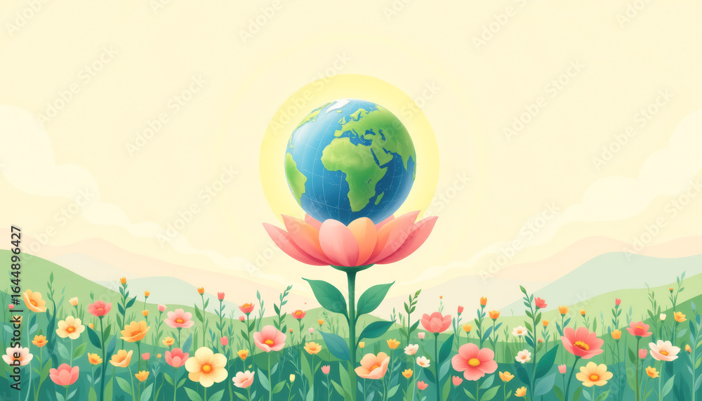 Naklejka premium A colorful illustration of Earth blooming from a flower, symbolizing nature and environmental harmony.