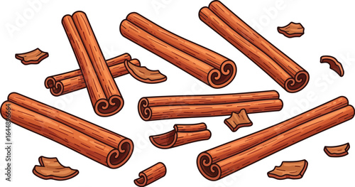 Romatic cinnamon sticks and chips, culinary spice and flavoring ingredient