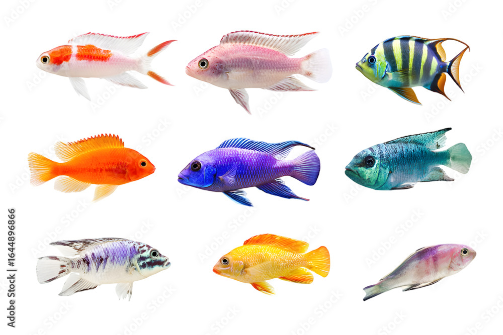 Fototapeta premium Set of Colorful Tropical Fish PNG with Transparent Background – High-Resolution Exotic Aquarium and Marine Life Clipart for Creative Ocean and Underwater Design Projects