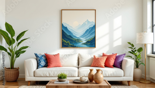 A cozy living room featuring a stylish sofa with colorful pillows and vibrant plants, creating a welcoming atmosphere.