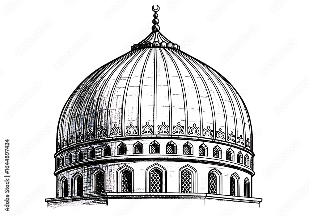 Obraz premium Mosque Dome: Intricate Line Art, Black and White, Architectural Detail, Islamic Design, Spiritual, Elegant.