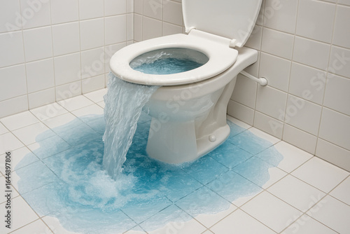 Overflowing toilet with blue water flooding white tiled bathroom floor causing plumbing disaster and water damage in high realism scene