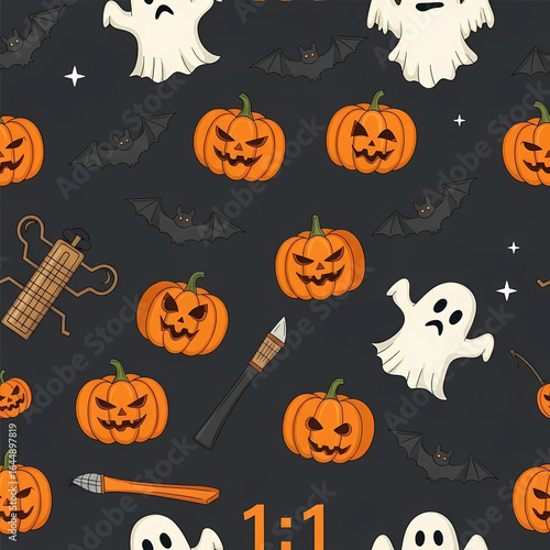 Wallpaper Mural Spooky Halloween pattern design featuring jack-o'-lanterns, ghosts, and bats for festive celebrations Torontodigital.ca