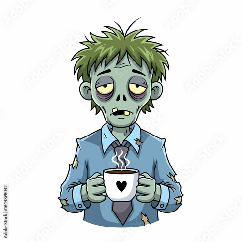 Tired Zombie Office Worker with Morning Coffee