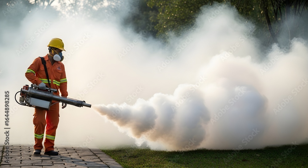 Obraz premium Outdoor virus prevention with health worker spraying disinfectant in protective gear and helmet, thick mist. Concept for epidemic safety, pandemic control