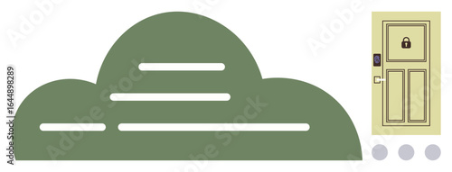 Green cloud shape paired with a locked door emphasizing security. Ideal for online privacy, data protection, cloud storage, cybersecurity, technology services, digital safety, simple flat metaphor