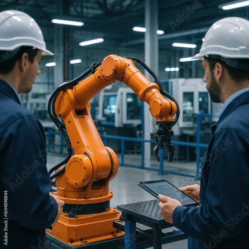 Two industrial workers wearing hard hats analyzing robotic arm operations high tech production process in modern factory environment