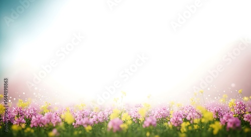 Vibrant Pink and Yellow Spring Flowers in a Dreamy Meadow with Ethereal Bokeh and Soft Light.