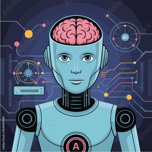 Illustration of a humanoid robot with visible brain and ai circuitry on a dark blue background