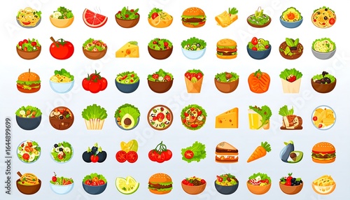 Colorful food illustration of various salads and meals