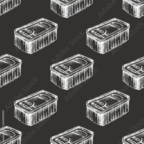 Hand drawn vintage seamless pattern of canned food tin in rustic engraved style on chalkboard background.