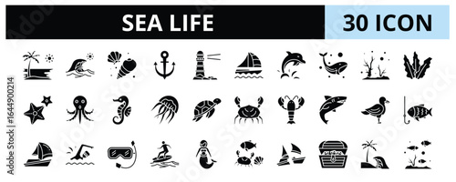 30 Sea Life Glyph Icons Vector - Coral, Seaweed, Turtle, Crab, Sailboat, Swimming, Surfing